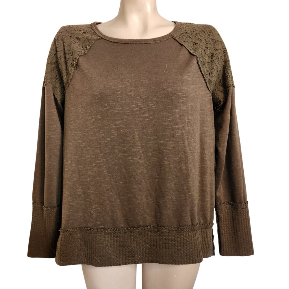 Knox Rose Brown Lace Shoulder Waffle Knit Hem Long Sleeve Top embroidered S fall